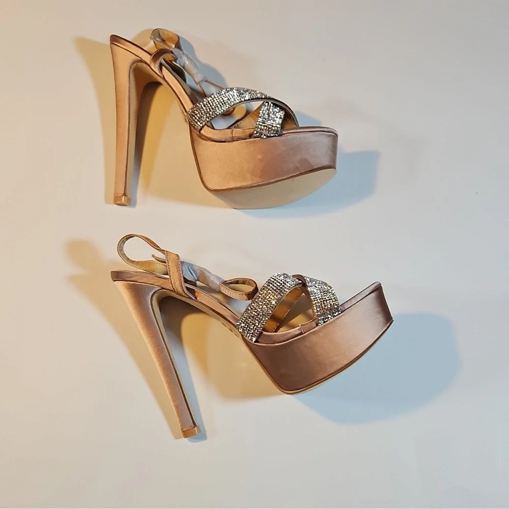 Cathy Jean Champagne Synthetic Rhinestone Strappy Platform Stiletto Open Toe 8.5